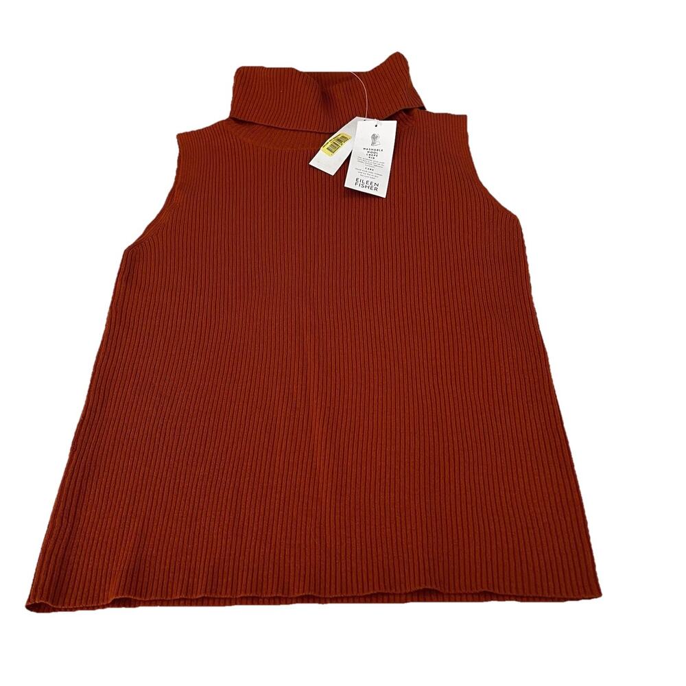 Eileen Fisher Top Sleeveless Turtleneck Knit Orange Ribbed Merino Wool Size M
